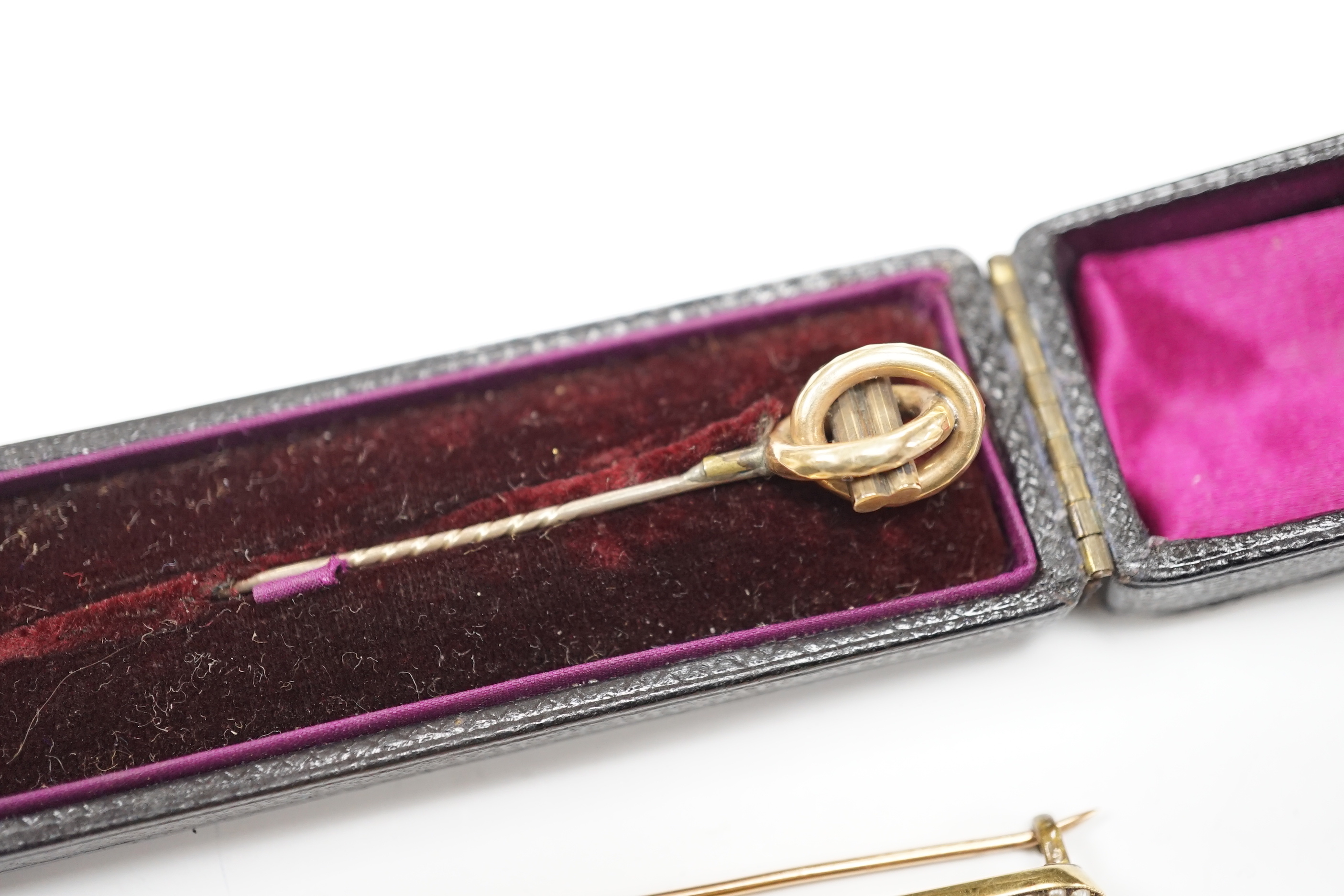An Edwardian 15ct and seed pearl set bar brooch, 64mm, gross 4.9 grams, a 9ct bar brooch, two stick pins and a pair of 9ct and simulated pearl set drop earrings.